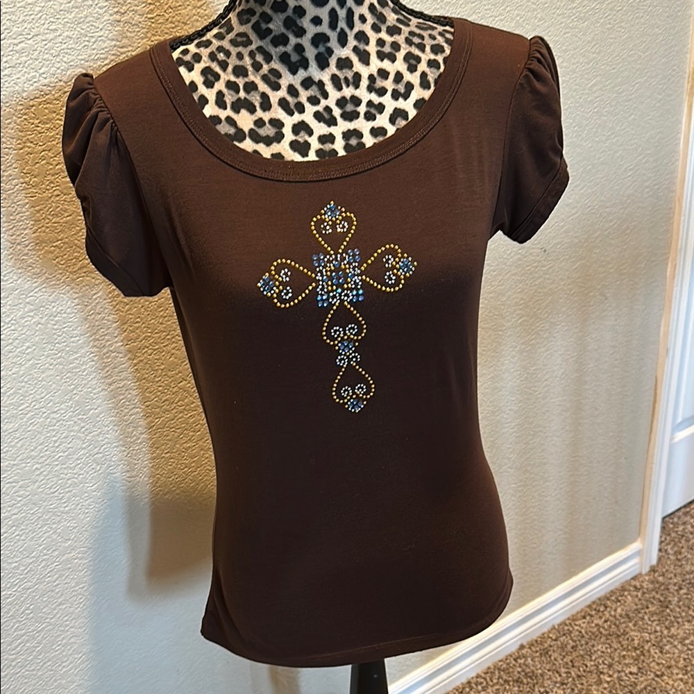 Brown T-Shirt with Embellished Cross